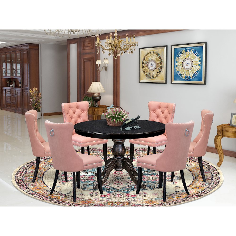 7 Piece Dining Set Contains 48" Round Kitchen Table In Beige Red Color. Picture 2