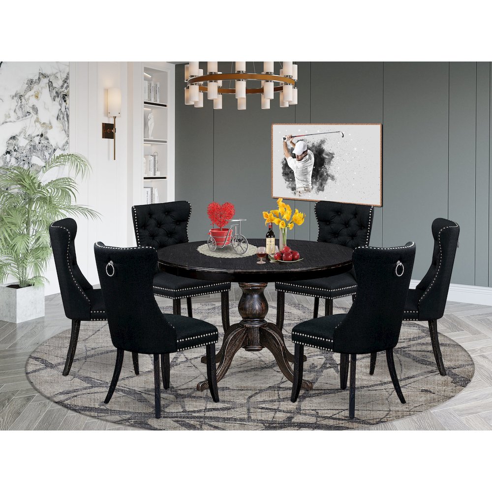 7 Piece Kitchen Table Set Consists Of 48" Round Table In Black Color. Picture 2