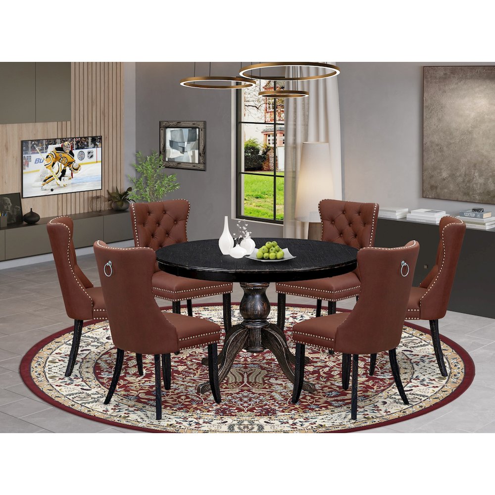 7 Piece Dining Table Set Contains 48" Round Table In Burgandy Color. Picture 2