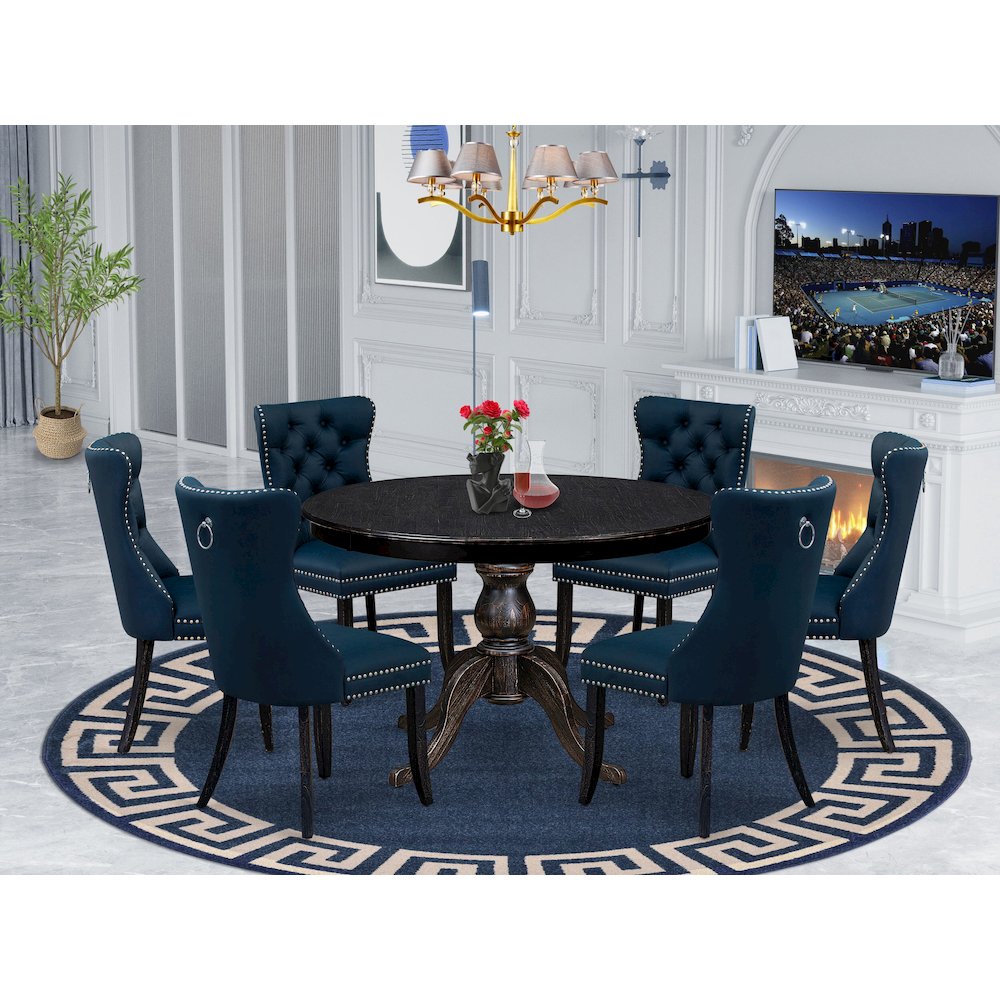 7 Piece Dining Table Set Consists Of 48" Round Table In Navy Blue Color. Picture 2