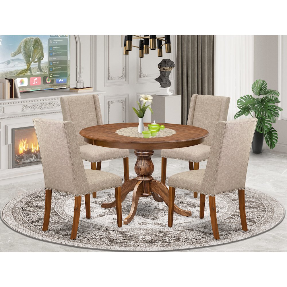 5-Piece Dinner Table Set Of A Dining Table, 4 Light Tan Fabric Mid Century Chair. Picture 2