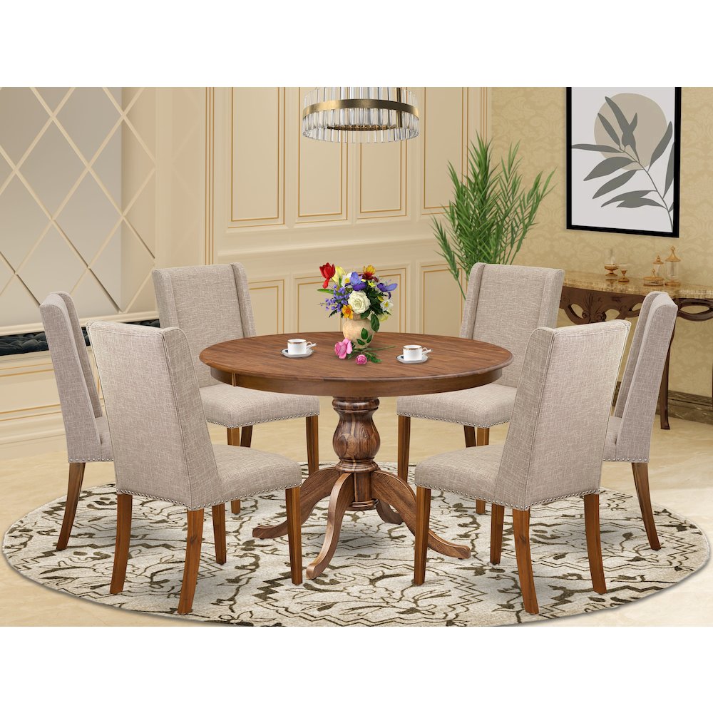 7-Piece Dinette Set A Mid Century Dining Table, 6 Light Tan Fabric Kitchen Chair. Picture 2