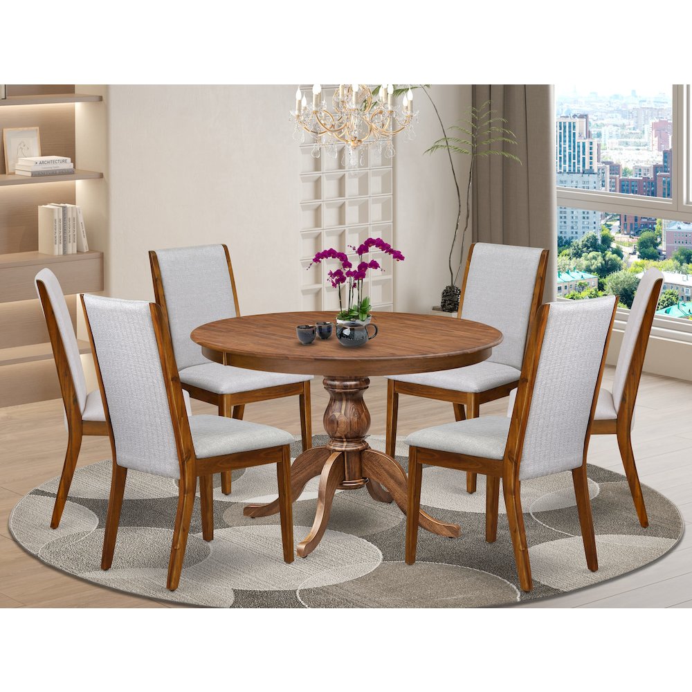 7-Piece Dining Table Set A Mid Century Dining Table, 6 Grey Fabric Dining Chairs. Picture 2