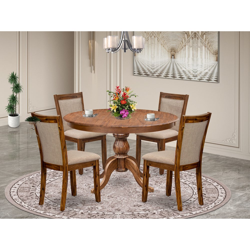 5-Pc Kitchen Table Set A Pedestal Wooden Table, 4 Light Tan Fabric Dining Chairs. Picture 2