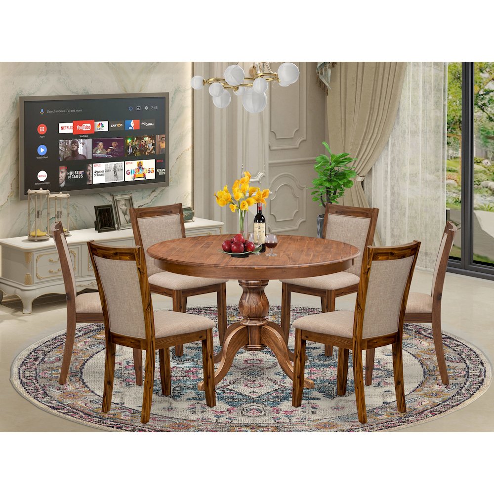 7-Pc Modern Dining Set Of A Pedestal Dining Table, 6 Light Tan Parson Chairs. Picture 2