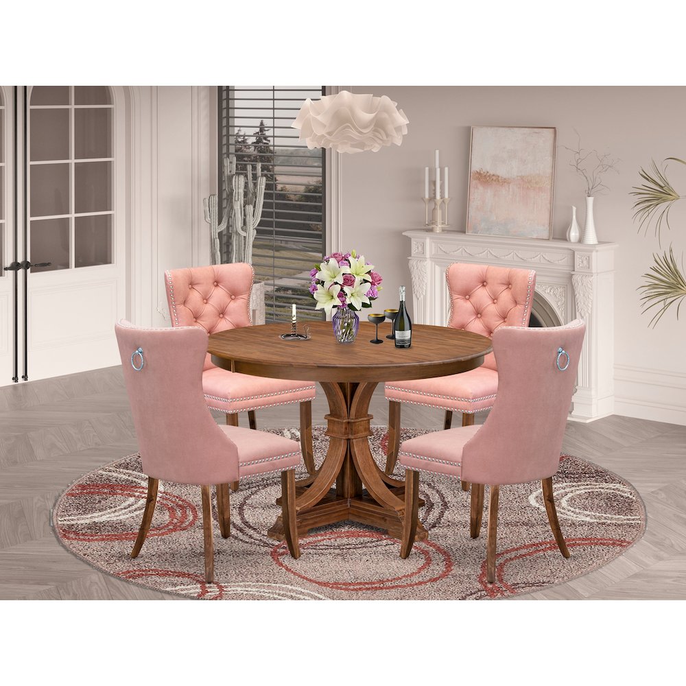 5-Pc Kitchen Table Set Include A Wooden Table And 4 Beige Red Padded Chairs. Picture 2
