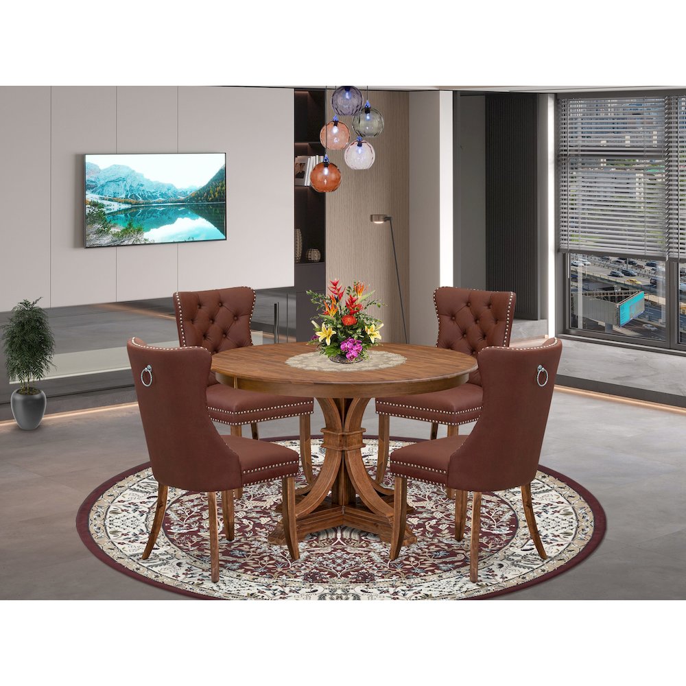 5-Pc Modern Table Set Include A Wooden Table And 4 Burgundy Upholstered Chairs. Picture 2