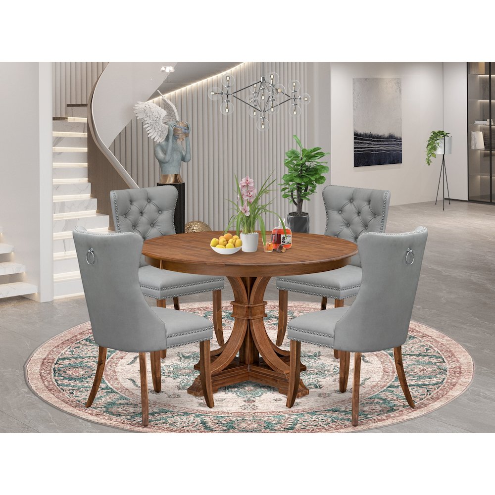 5-Pc Mid Century Dining Set Include A Wooden Table, 4 Light Gray Parson Chairs. Picture 2