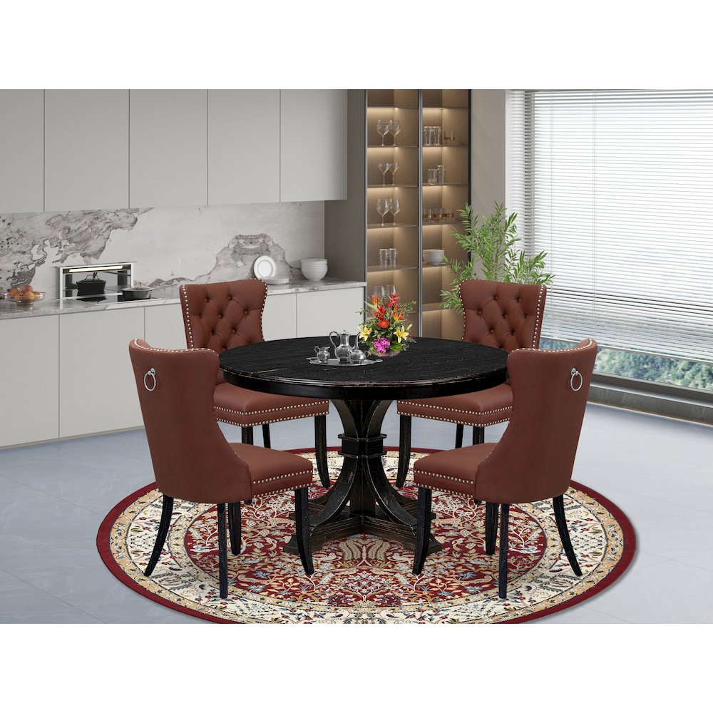 5 Piece Dining Table Set Includes 48" Round Table In Burgandy Color. Picture 2