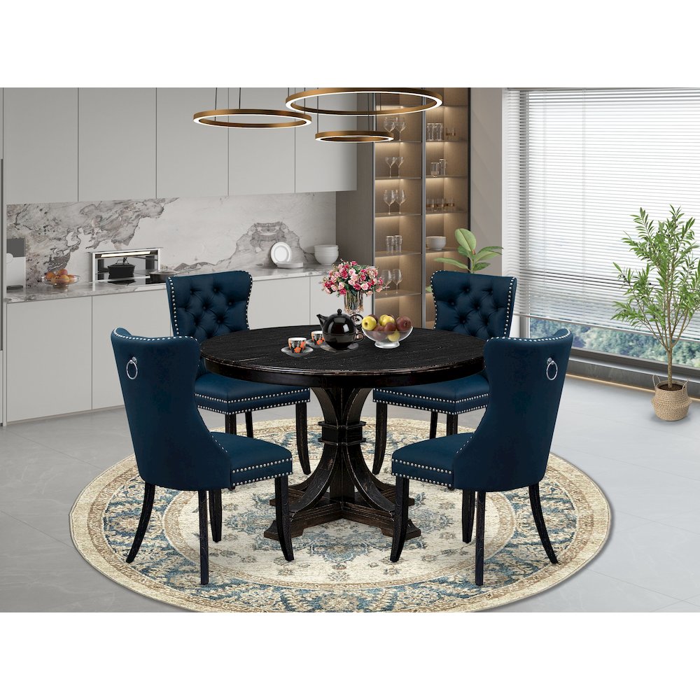5 Piece Dining Table Set Contains 48" Round Table In Navy Blue Color. Picture 2