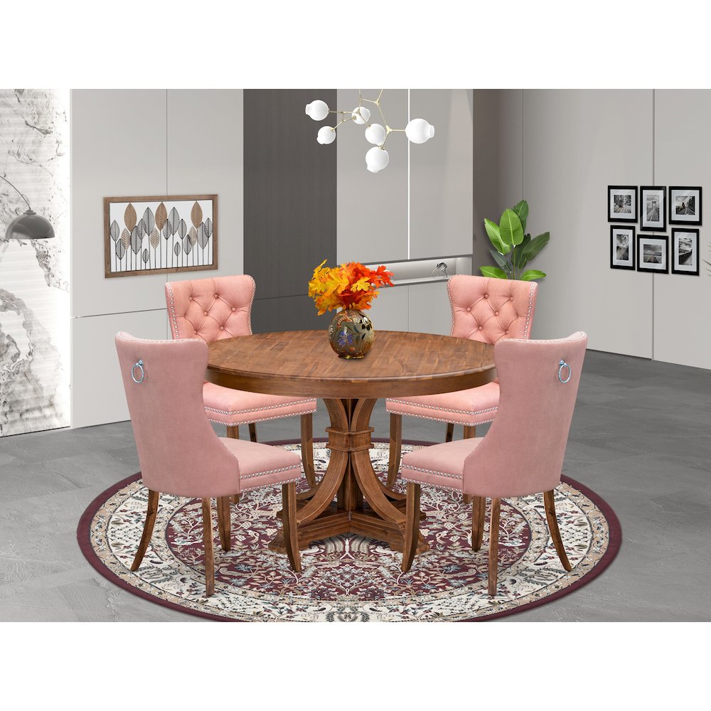 5-Pc Dining Table Set Consist A Kitchen Table And 4 Beige Red Padded Chairs. Picture 2
