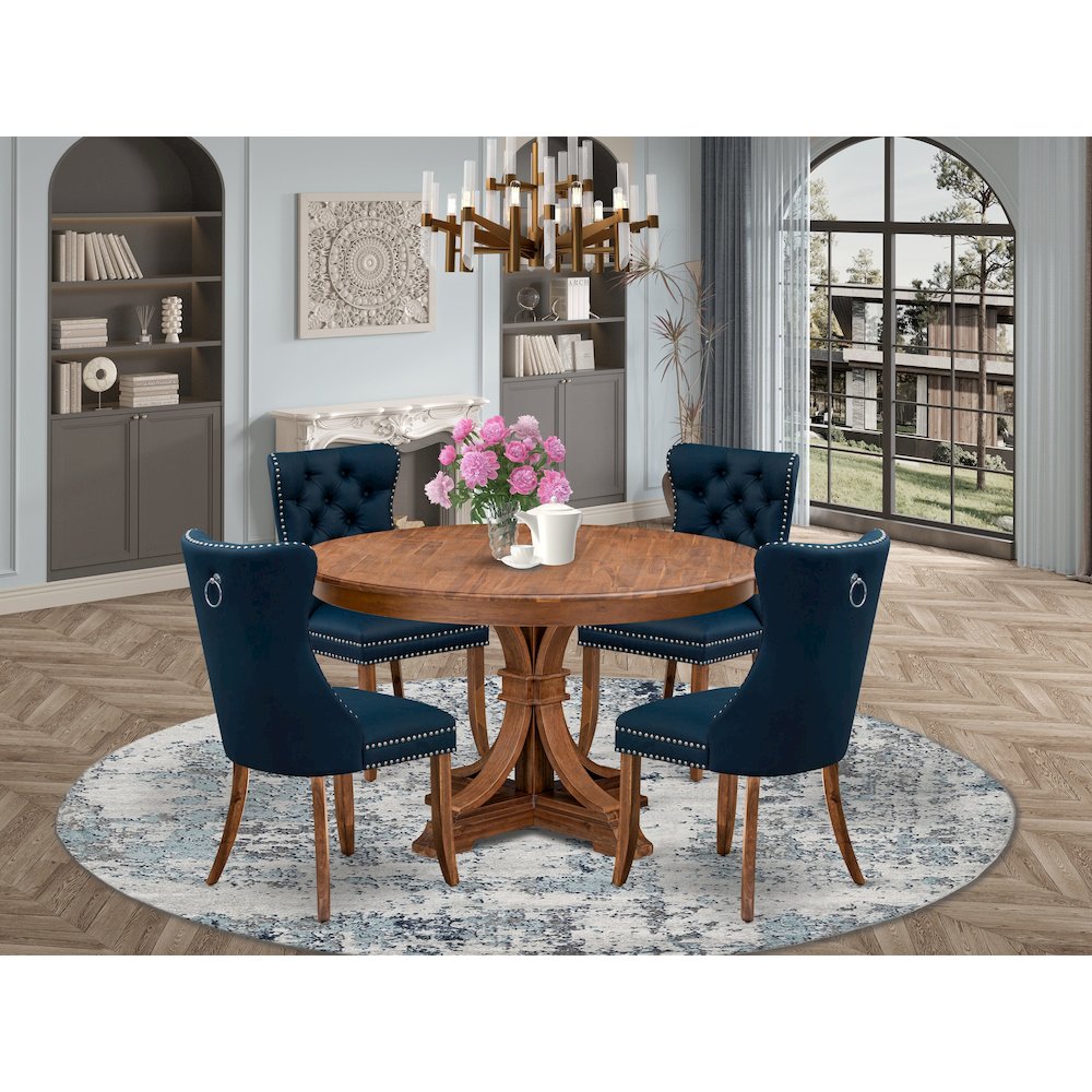 5-Pc Dining Set Consist A Kitchen Table, 4 Navy Blue Upholstered Dining Chairs. Picture 2