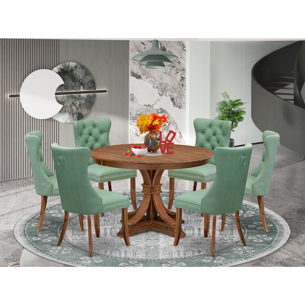 7-Pc Dinner Set Consist A Mid Century Dining Table And 6 Willow Green Chairs. Picture 2