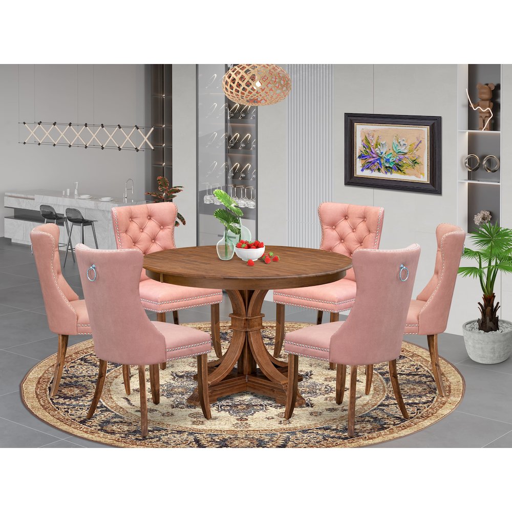 7-Pc Dining Set Consist A Mid Century Table And 6 Beige Red Upholstered Chairs. Picture 2