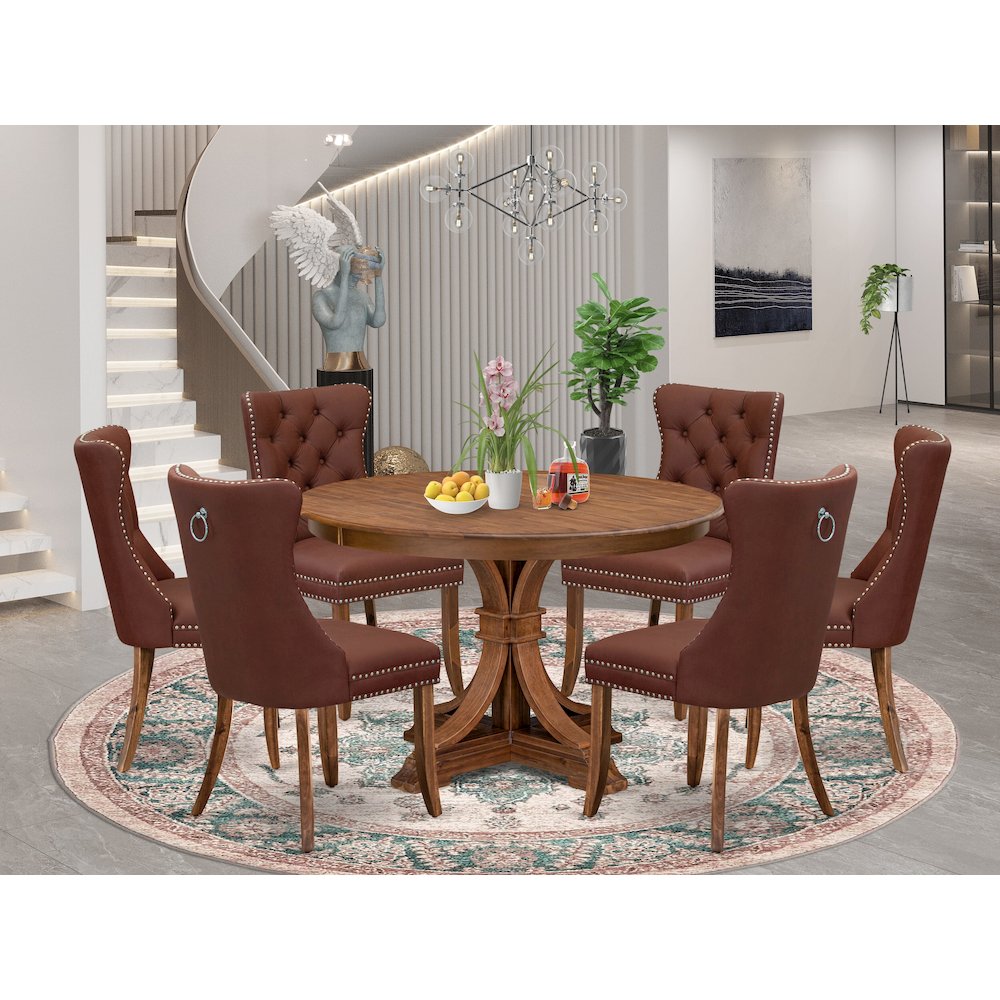 7-Pc Modern Set Consist A Mid Century Dining Table And 6 Burgundy Parson Chairs. Picture 2