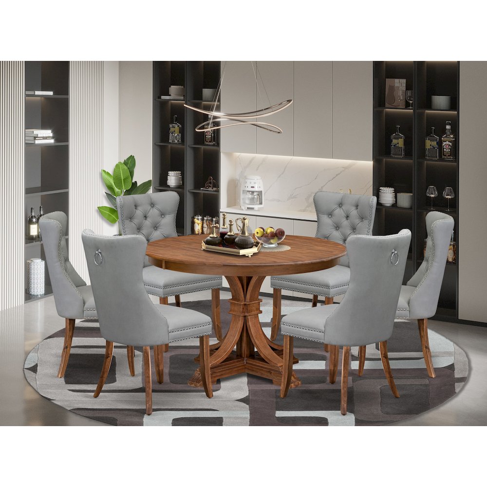 7-Pc Kitchen Table Set Consist A Mid Century Dining Table, 6 Light Gray Chairs. Picture 2