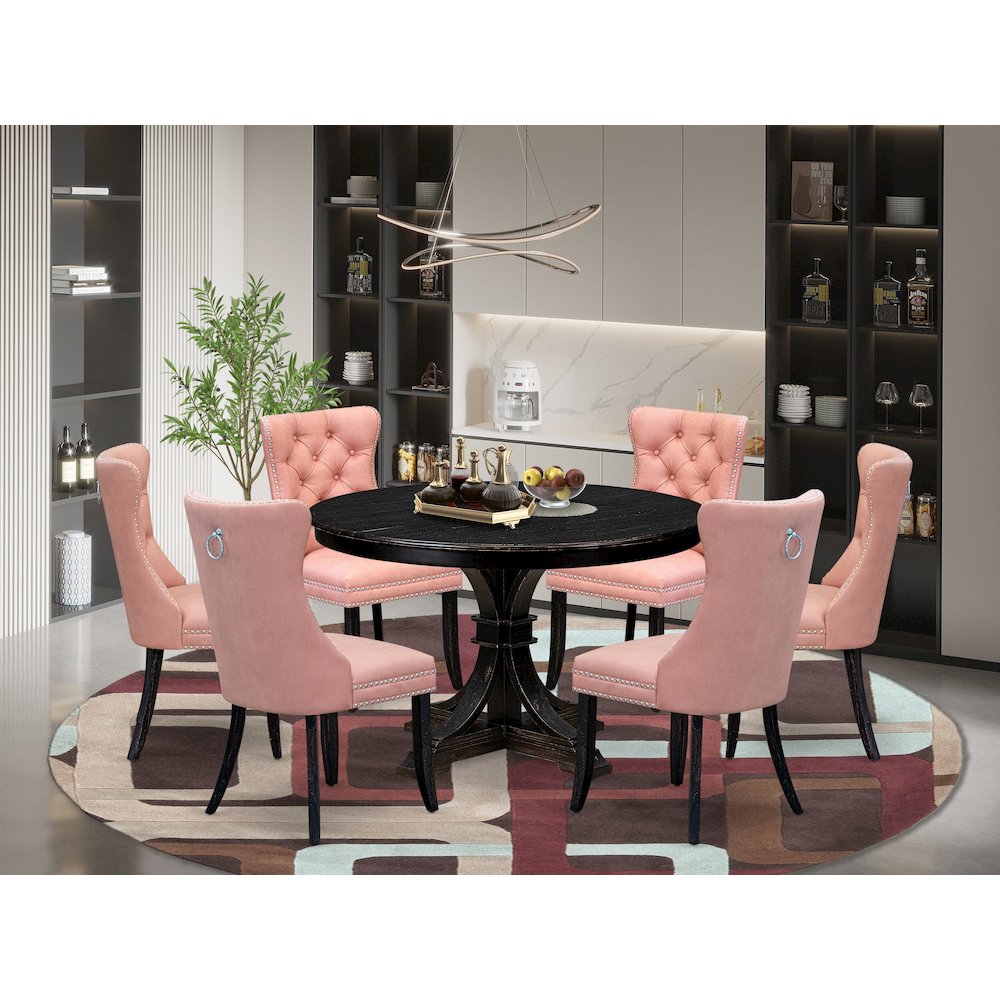 7 Piece Dining Set Consists Of 48" Round Table In Beige Red Color. Picture 2