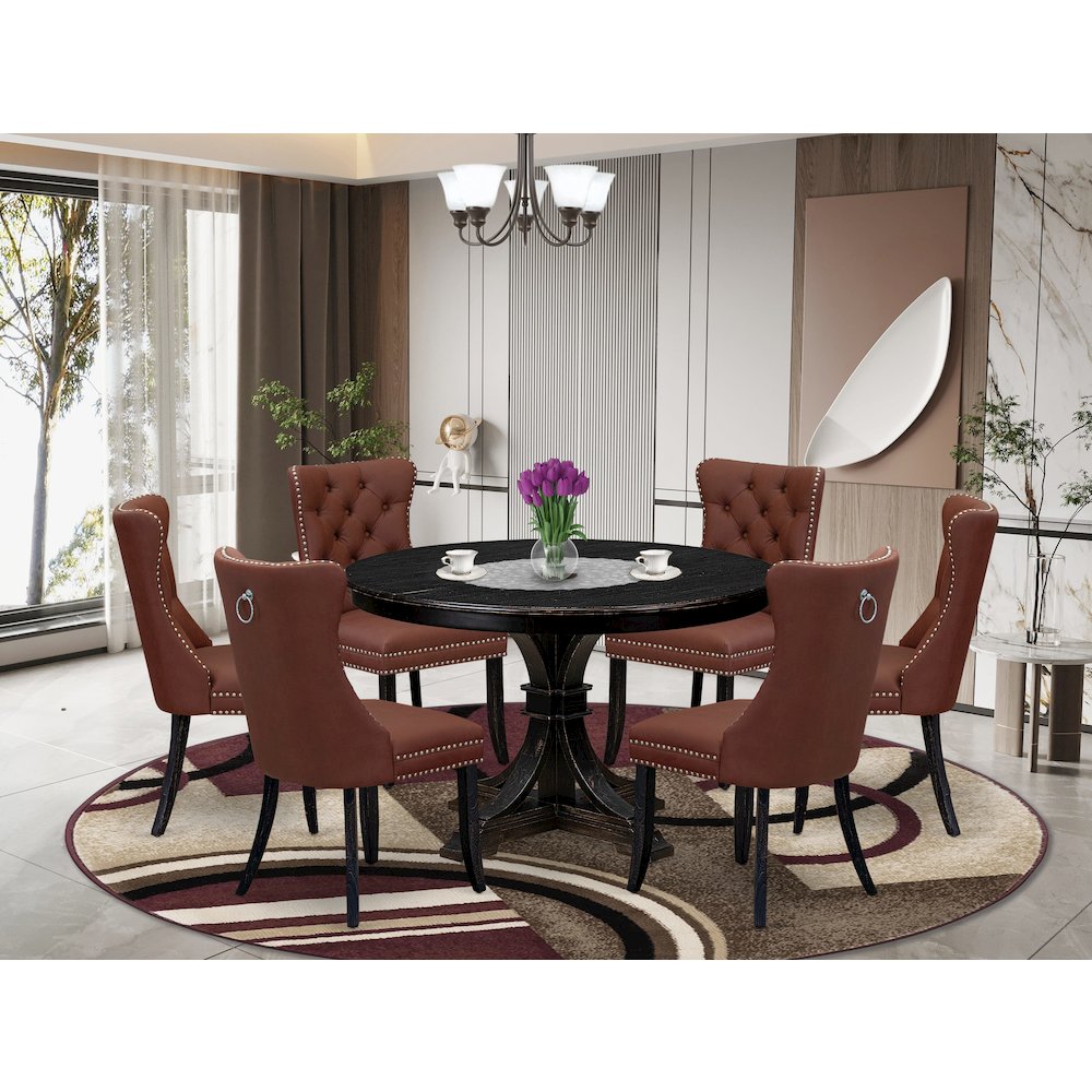 7 Piece Dining Table Set Consists Of 48" Round Table In Burgandy Color. Picture 2
