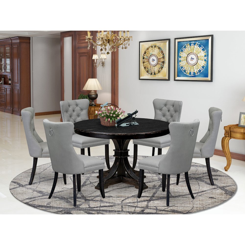 7 Piece Dining Table Set Consists Of 48" Round Table In Light Gray Color. Picture 2