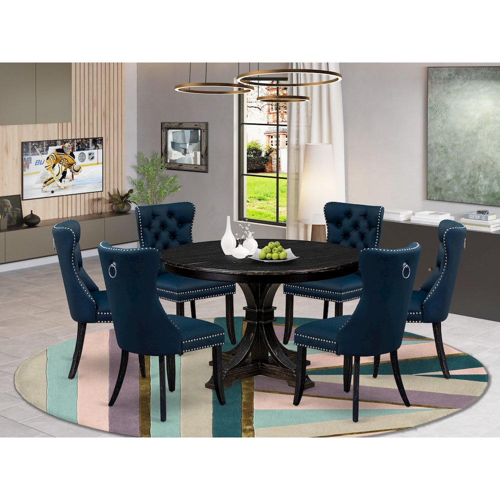 7 Piece Dining Table Set Includes 48" Round Table In Navy Blue Color. Picture 2