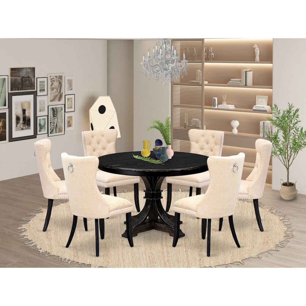 7-Piece Dining Set A Kitchen Table, 6 Light Beige Linen Fabric Dinning Chairs. Picture 2