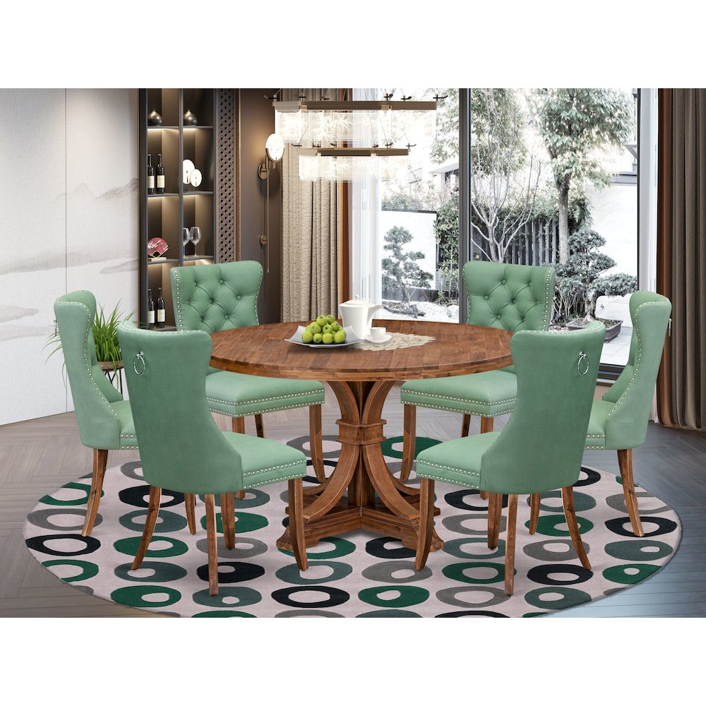 7-Pc Dining Set Contain A Dining Room Table, 6 Willow Green Upholstered Chairs. Picture 2