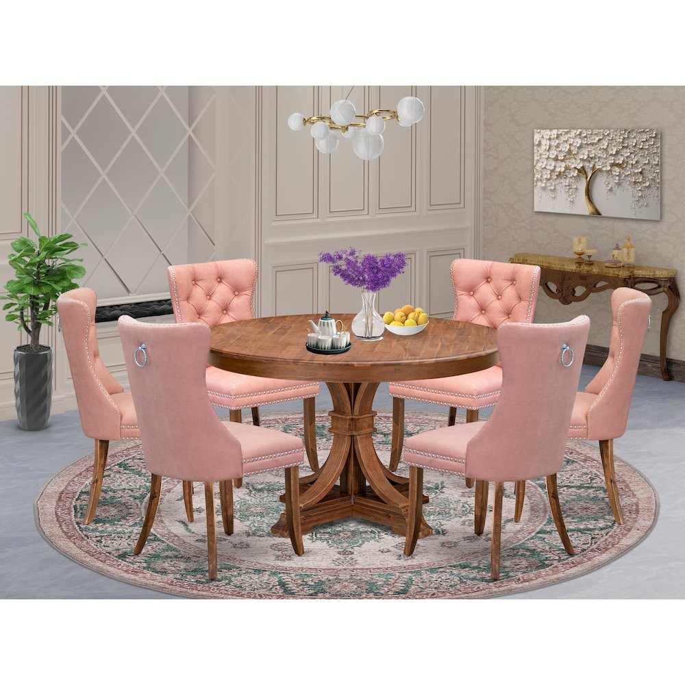7-Pc Modern Dining Set Contain A Dining Table And 6 Beige Red Upholstered Chairs. Picture 2