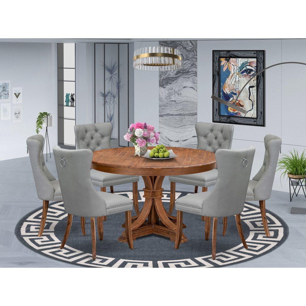 7-Pc Dining Room Table Set Contain A Table And 6 Light Gray Upholstered Chairs. Picture 2