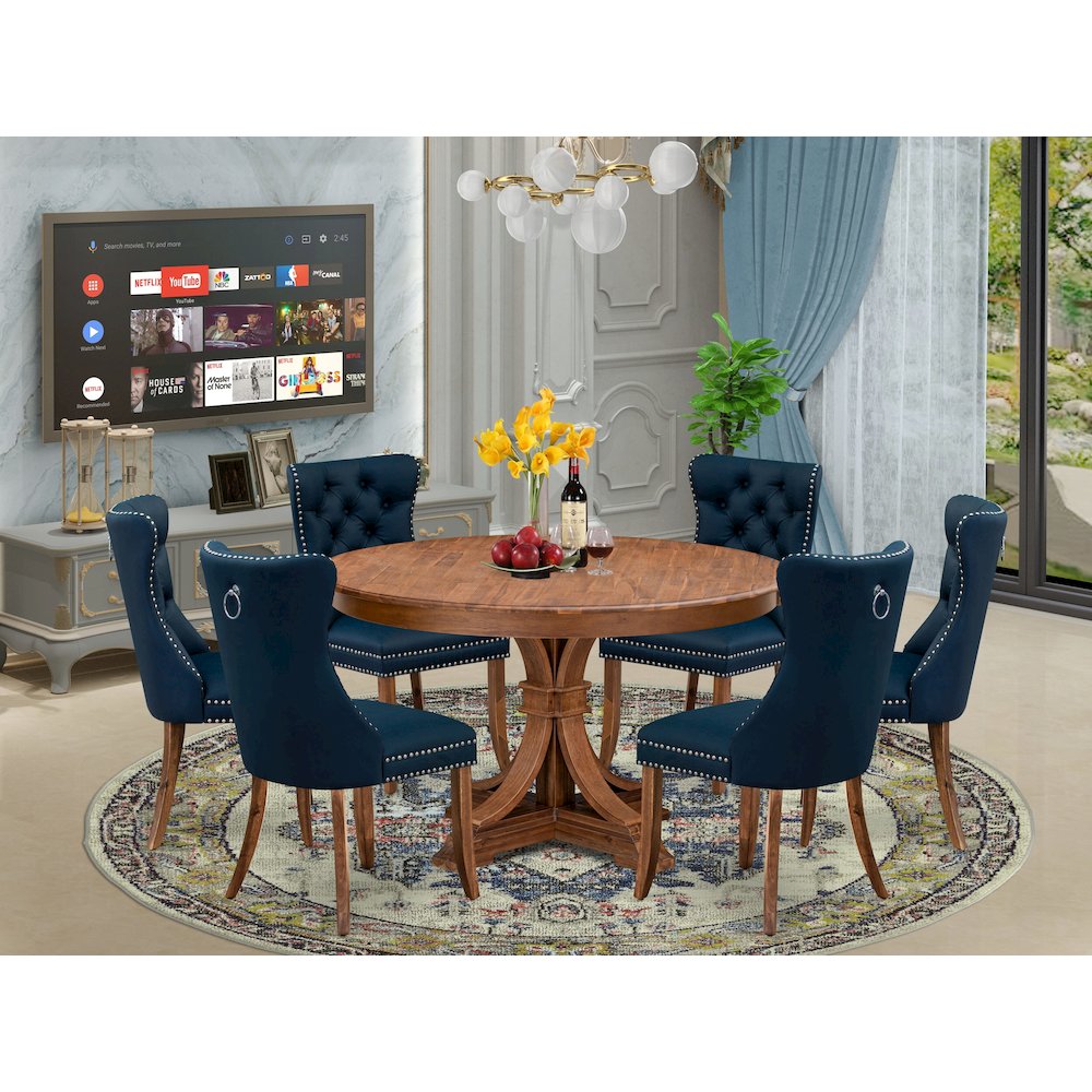 7-Pc Dining Room Set Contain A Dining Room Table And 6 Navy Blue Padded Chairs. Picture 2
