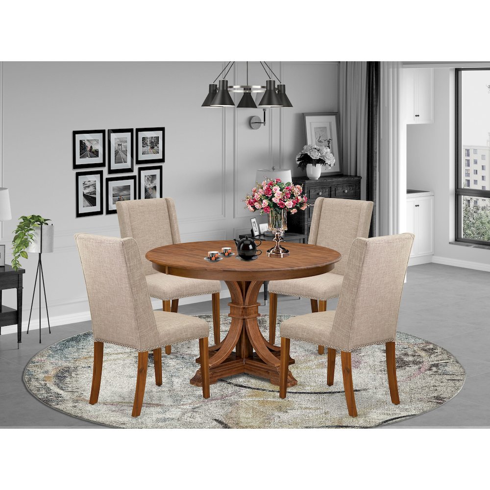 5-Piece Dining Room Table A Wooden Table, 4 Light Tan Linen Fabric Dining Chairs. Picture 2