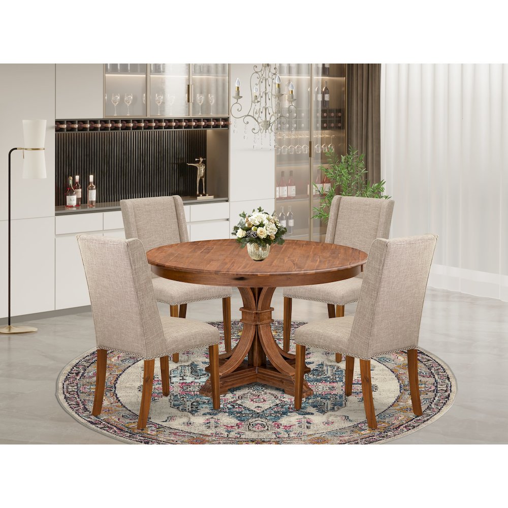 5-Piece Dining Table Set Of A Kitchen Table, 4 Light Tan Fabric Modern Chair. Picture 2