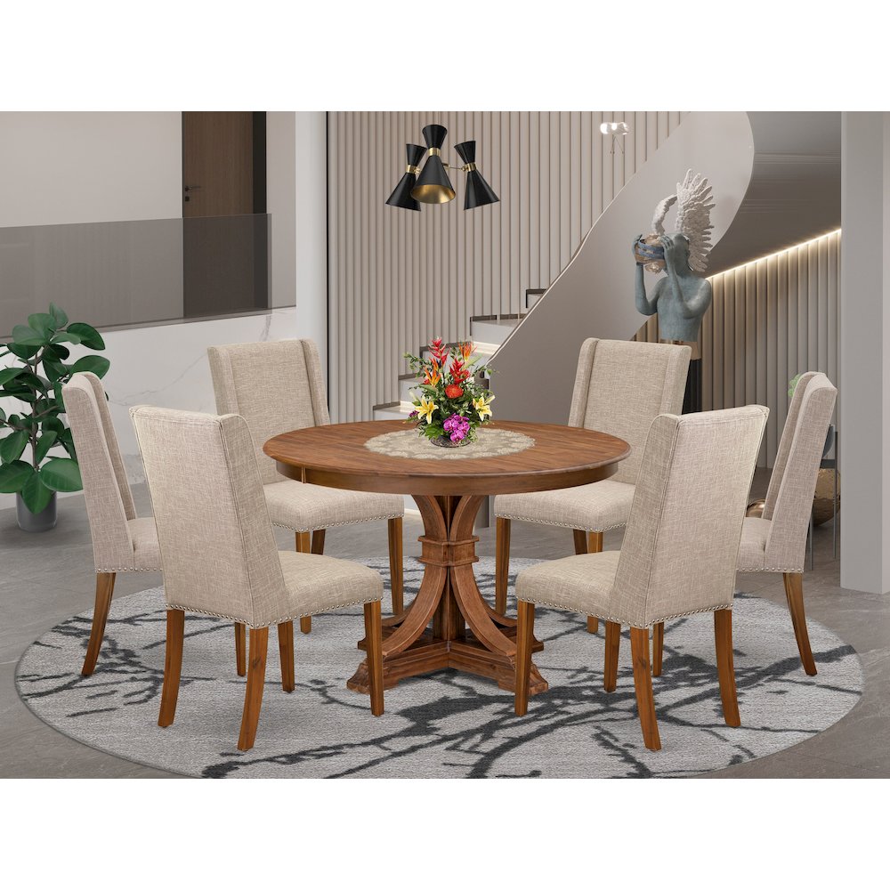 7-Piece Dining Table Set Of A Dining Table, 6 Light Tan Fabric Dinning Chair. Picture 2
