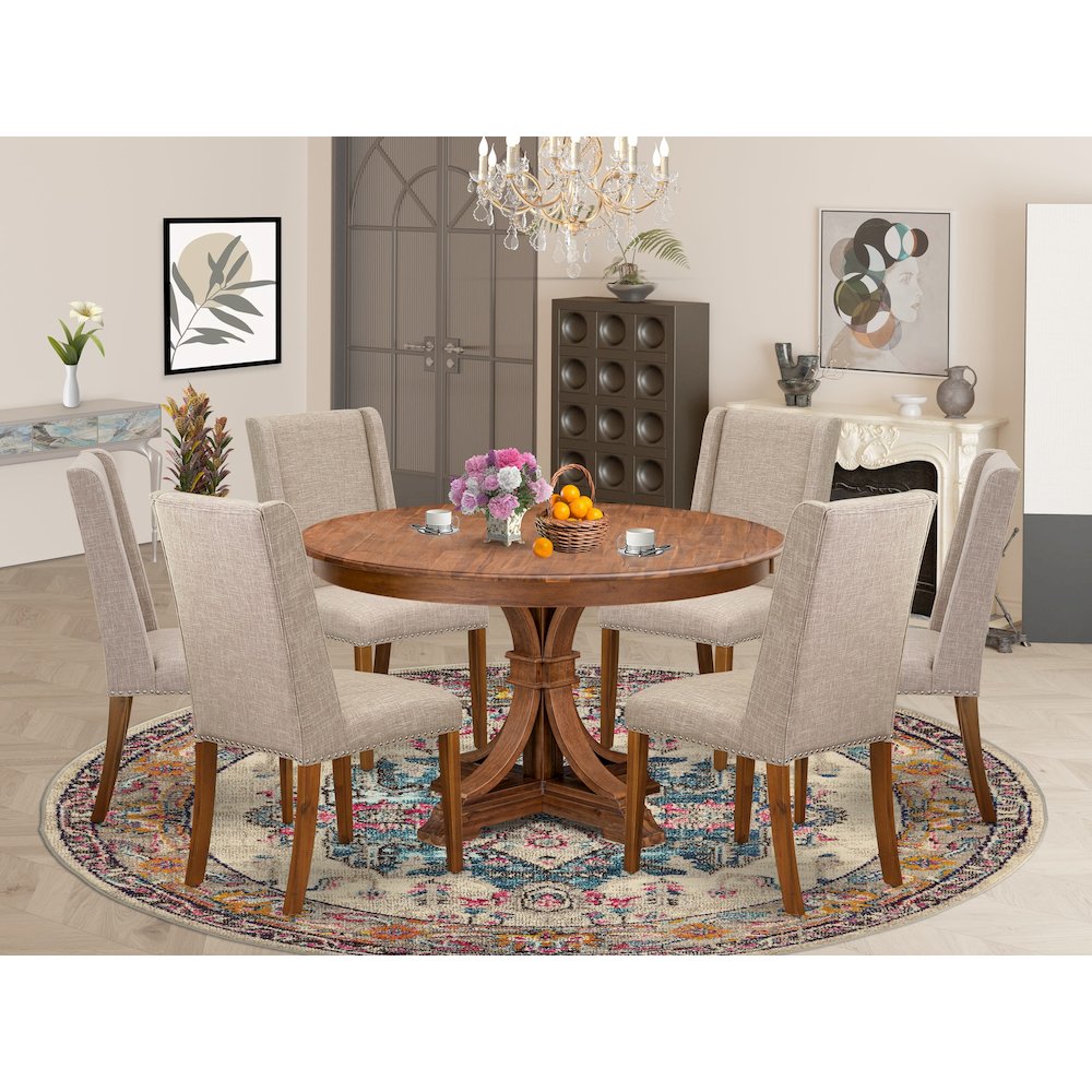 7-Pc Modern Dining Set A Dining Room Table, 6 Light Tan Upholstered Chairs. Picture 2
