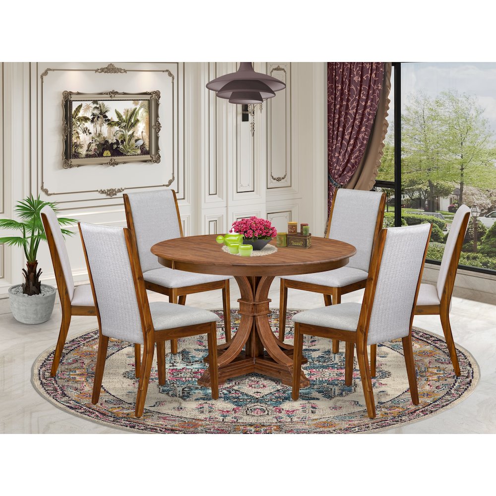 7-Piece Dining Room Set A Modern Table, 6 Grey Linen Fabric Dining Chairs. Picture 2