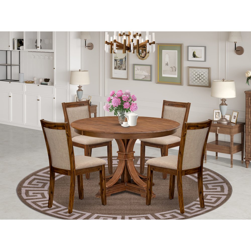5-Pc Kitchen Table Set A Pedestal Dining Table, 4 Light Tan Fabric Dining Chairs. Picture 2