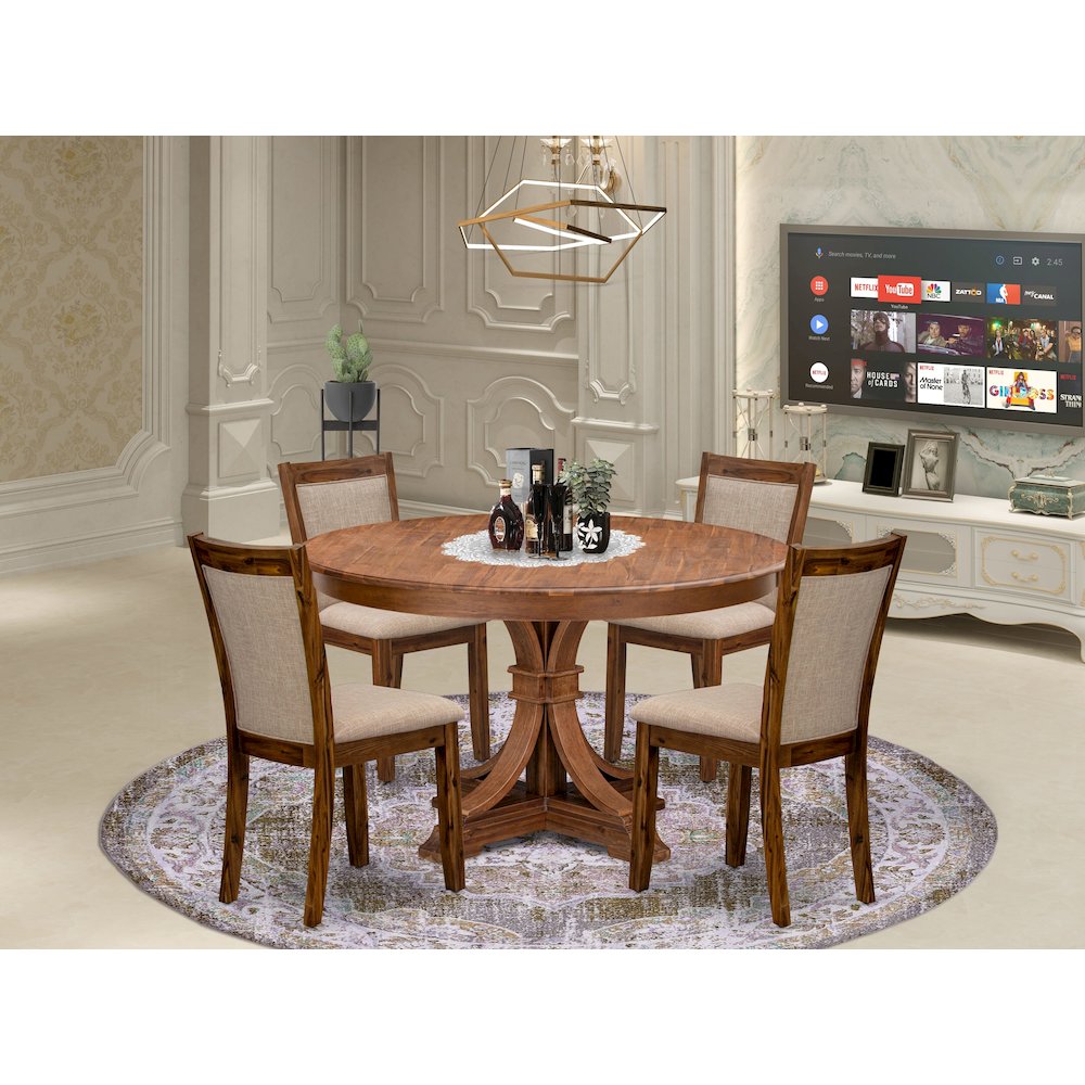 5-Pc Dining Table Set A Pedestal Dinner Table, 4 Light Tan Fabric Parson Chairs. Picture 2