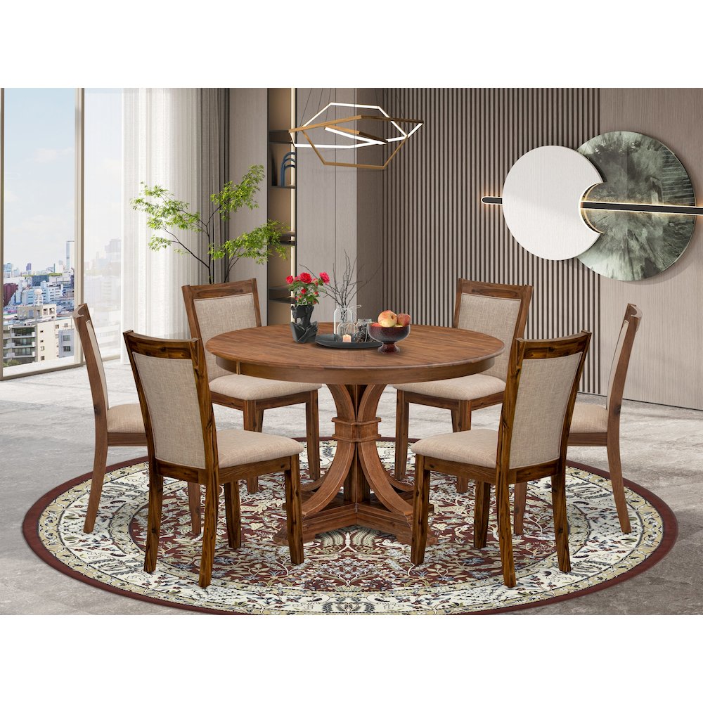 7-Pc Kitchen Set Of A Pedestal Round Table, 6 Light Tan Fabric Dining Chairs. Picture 2