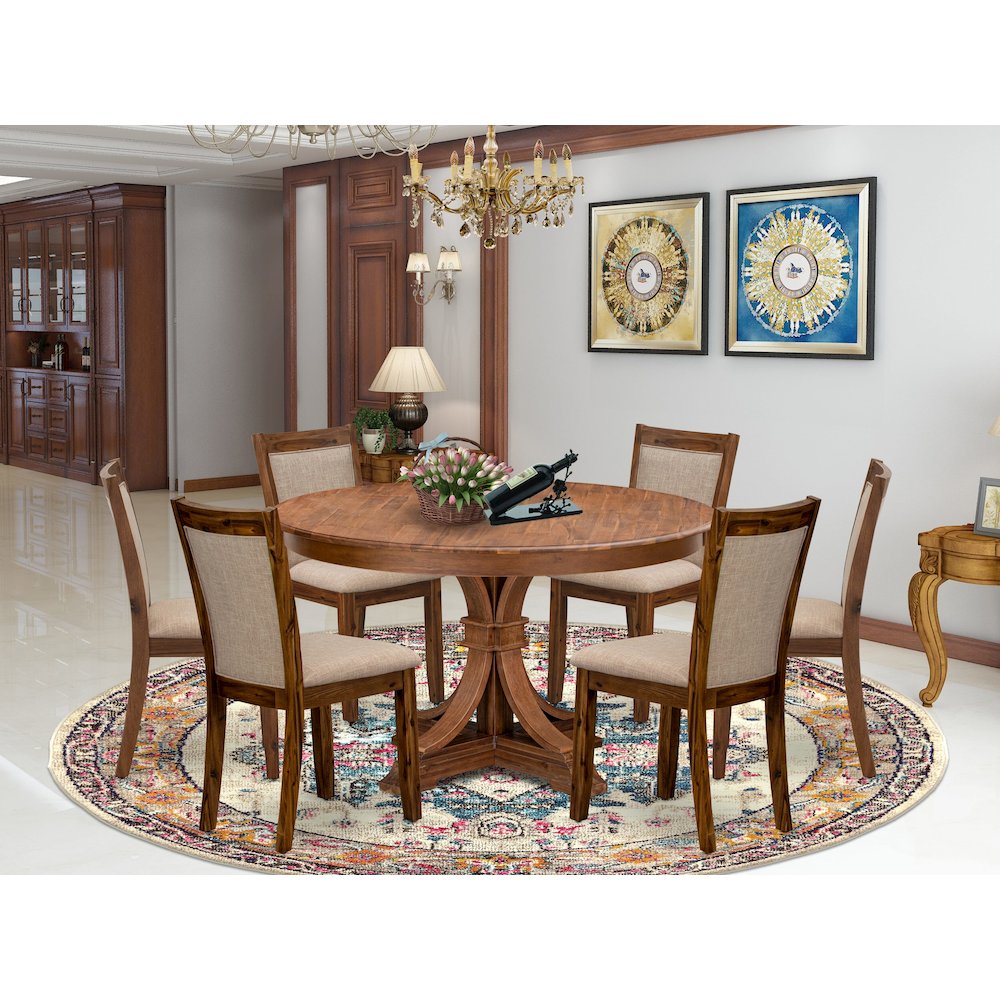 7-Pc Kitchen Table Set Of A Pedestal Kitchen Table, 6 Light Tan Fabric Chairs. Picture 2