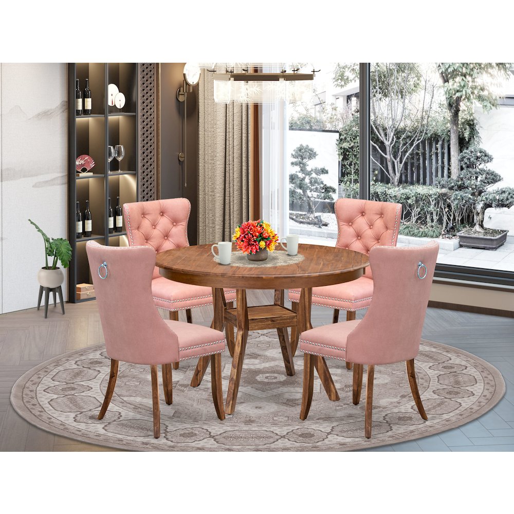 5-Pc Room Set Contain A Wooden Dining Table And 4 Beige Red Parson Dining Chairs. Picture 2