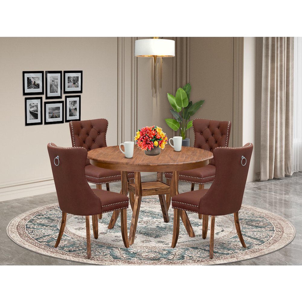 5-Pc Mid Century Dining Set Contain A Table And 4 Burgundy Upholstered Chairs. Picture 2