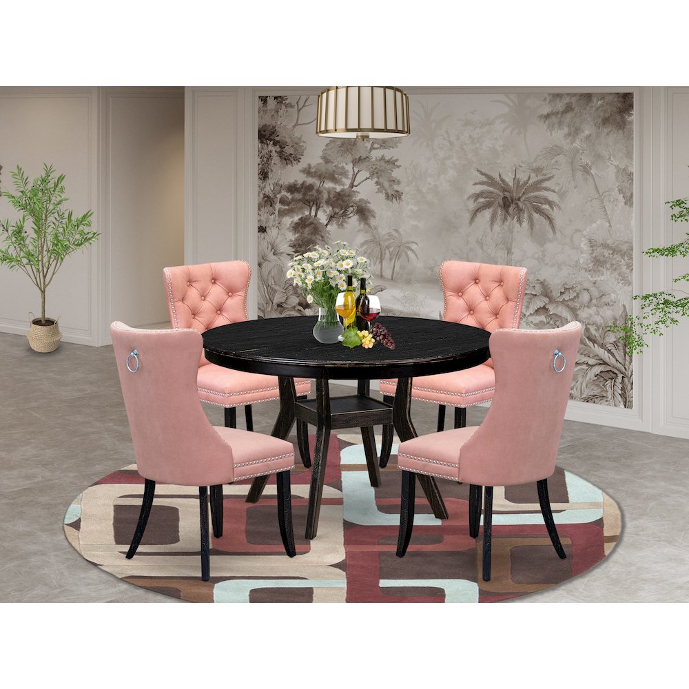 5 Piece Dining Set For 4 Contains 48" Round Table In Beige Red Color. Picture 2