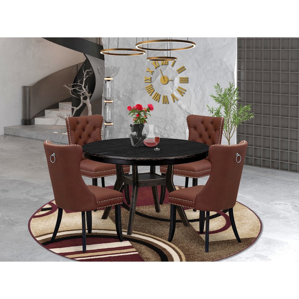 5 Piece Dining Table Set Contains 48" Round Table In Burgandy Color. Picture 2