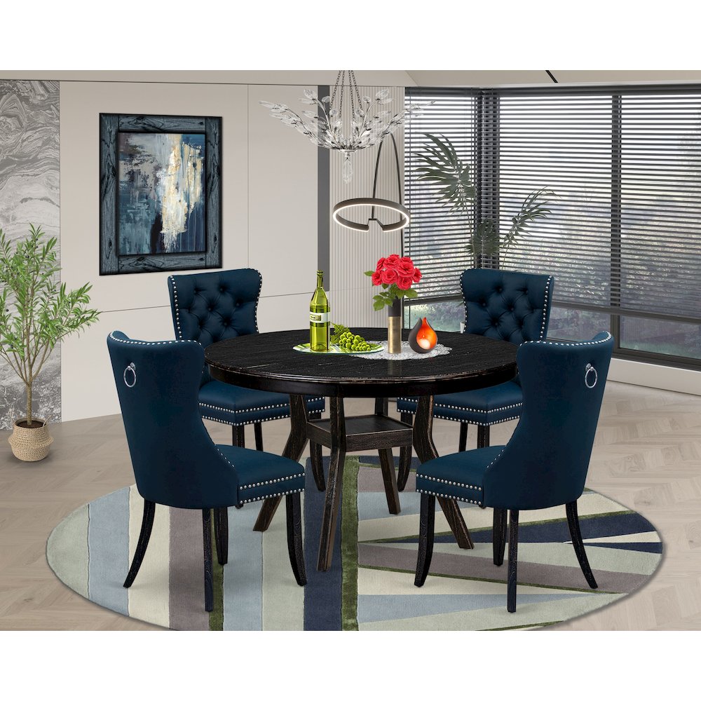 5 Piece Dining Table Set Consists Of 48" Round Table In Navy Blue Color. Picture 2