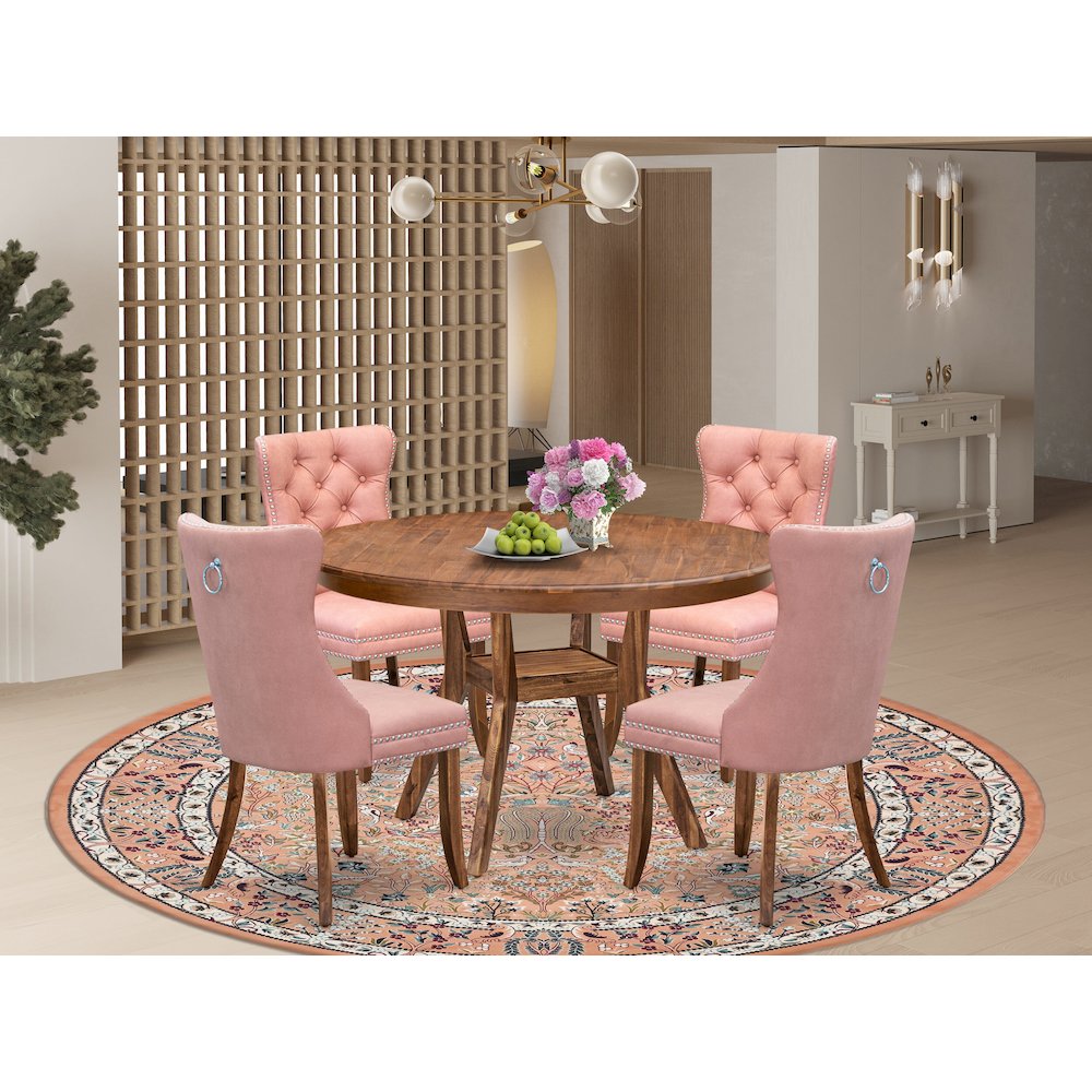 5-Pc Mid Century Dining Set Include A Table And 4 Beige Red Parson Dining Chairs. Picture 2