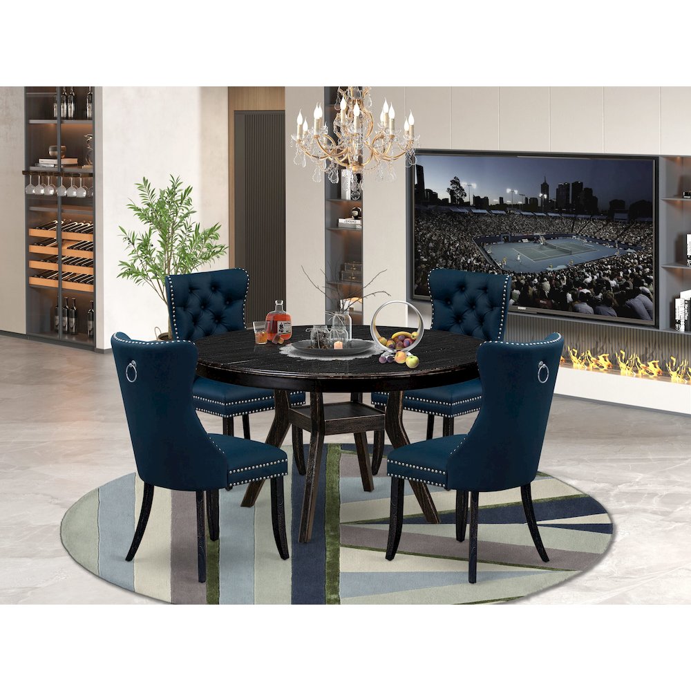 5 Piece Dining Table Set Consists Of 54" Round Table In Navy Blue Color. Picture 2