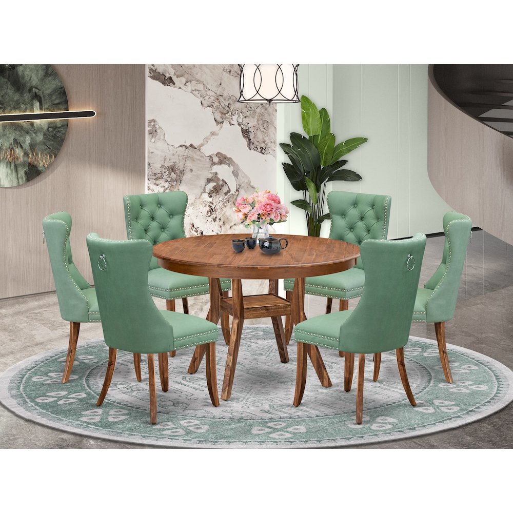 7-Pc Kitchen Set Include A Modern Table And 6 Willow Green Upholstered Chairs. Picture 2