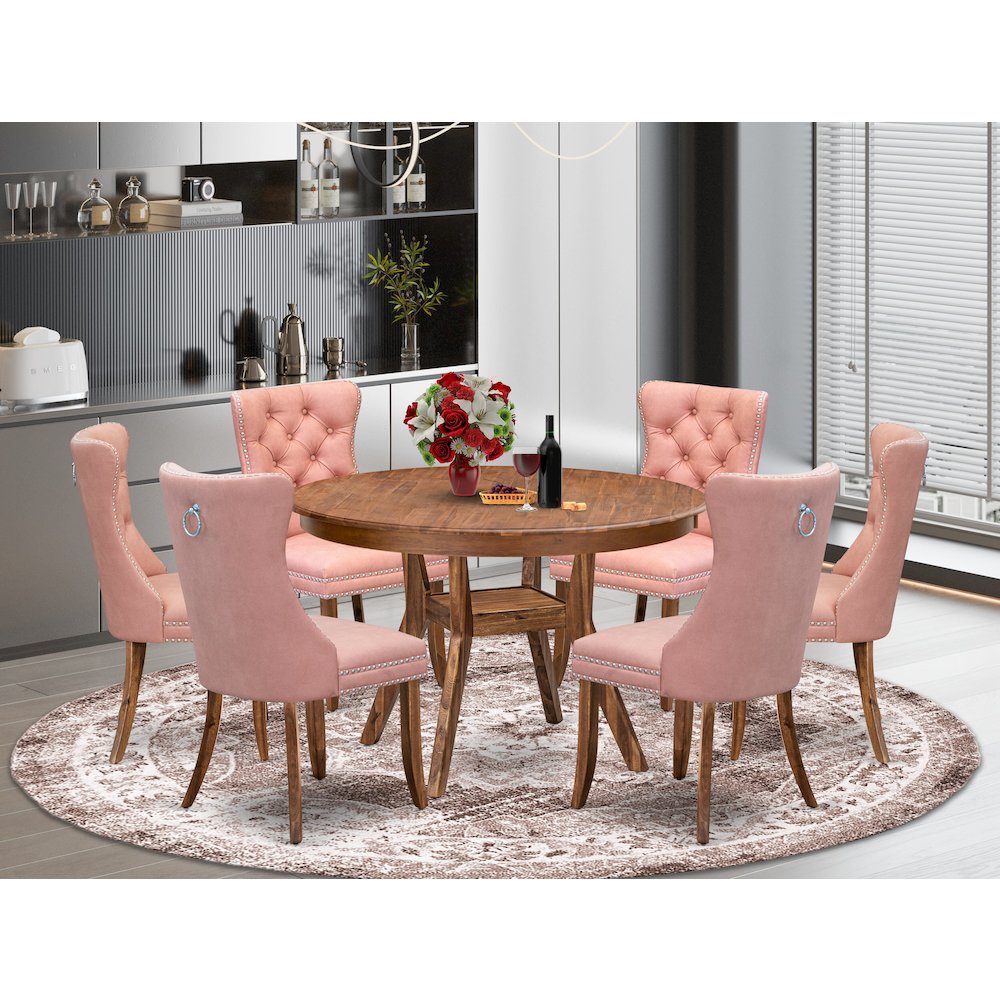 7-Pc Modern Dining Table Set Include A Modern Table, 6 Beige Red Dining Chairs. Picture 2