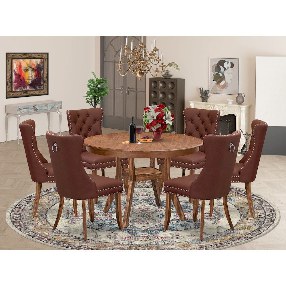 7-Pc Mid Century Modern Dining Set Include A Modern Table And 6 Burgundy Chairs. Picture 2