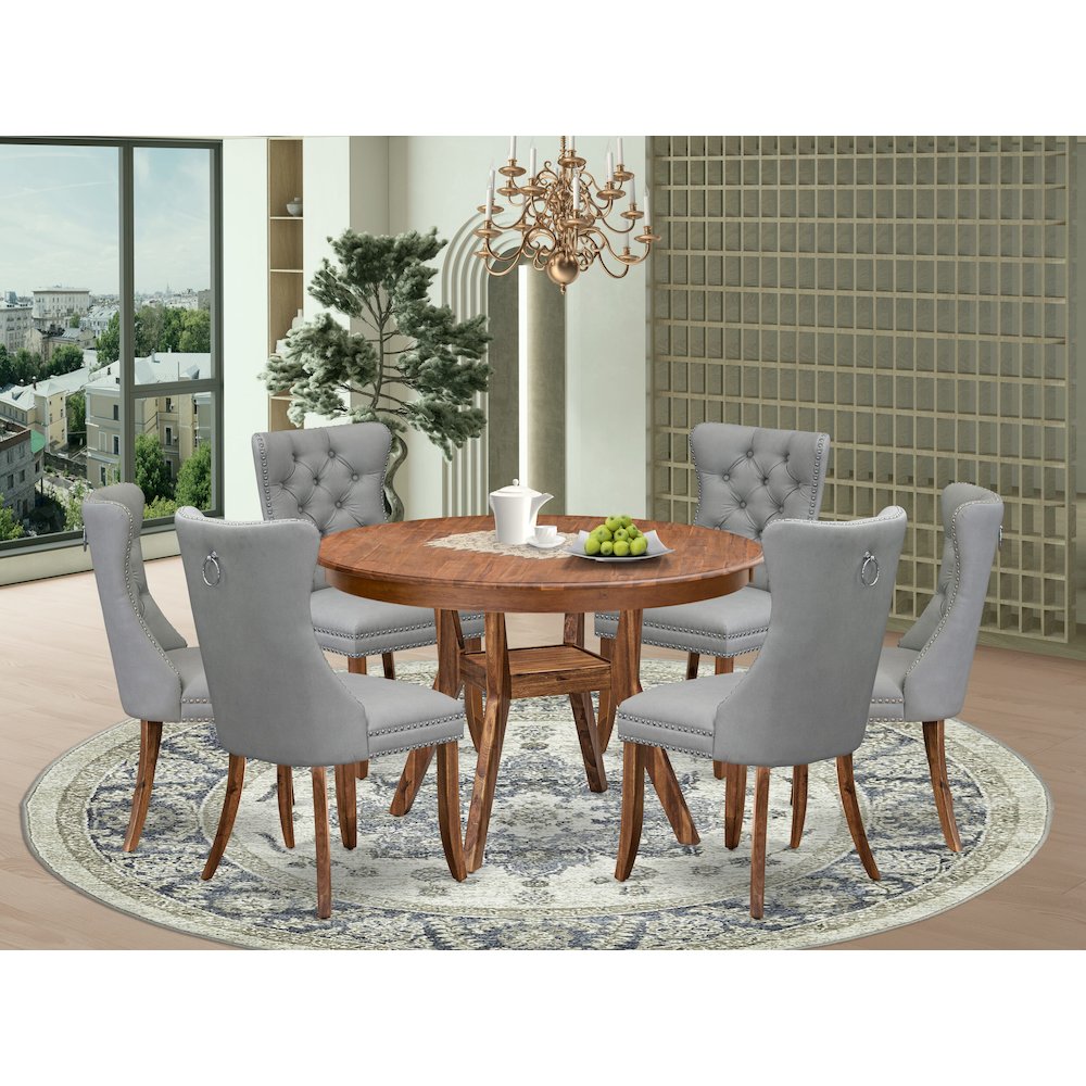 7-Pc Dinner Table Set Include A Modern Table And 6 Light Gray Upholstered Chairs. Picture 2