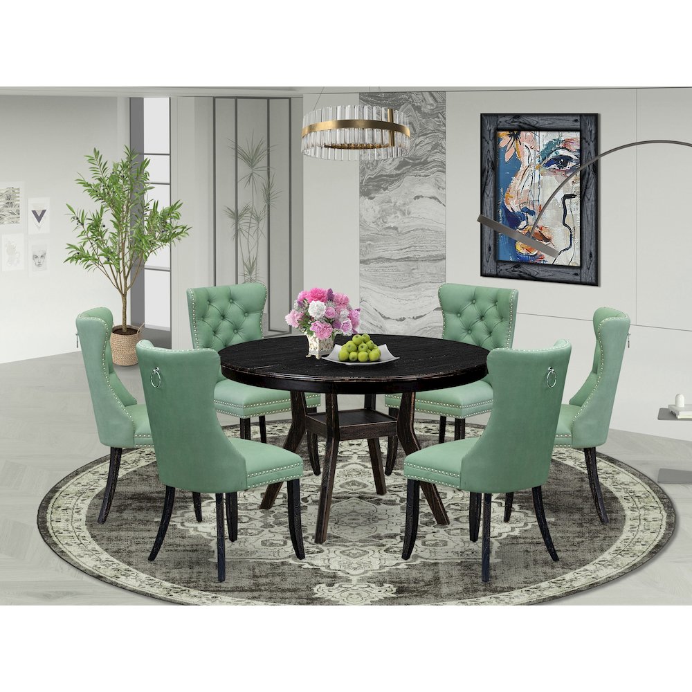 7 Piece Dinette Set Contains 48" Round Table In Willow Green Color. Picture 2
